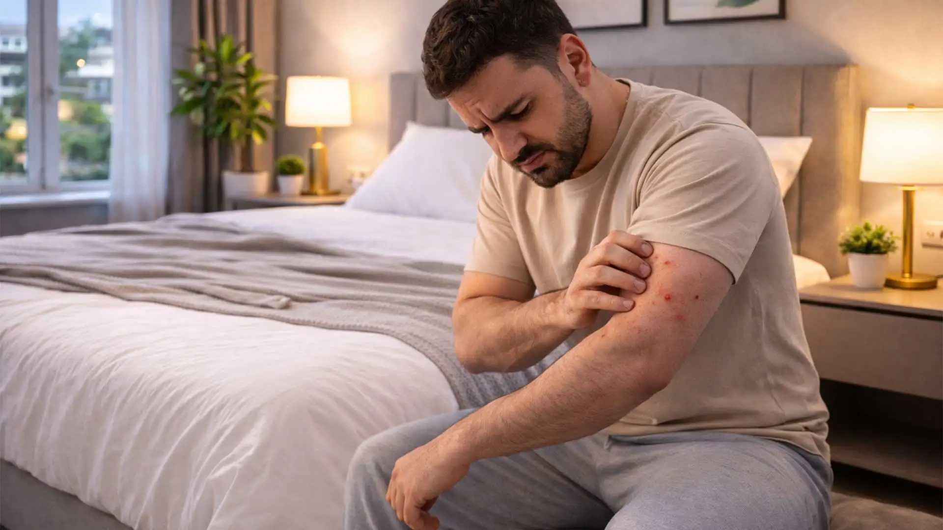 شخص منزعج من لدغات بق الفراش في غرفة نوم حديثة