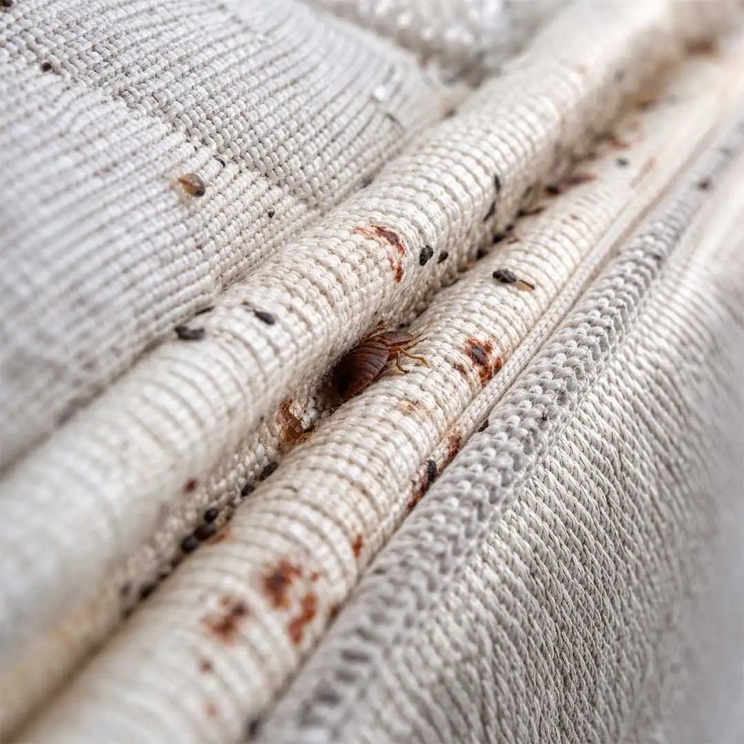 ماكرو (Macro) حشرة بق الفراش مختبئة ببراعة على خياطة المرتبة