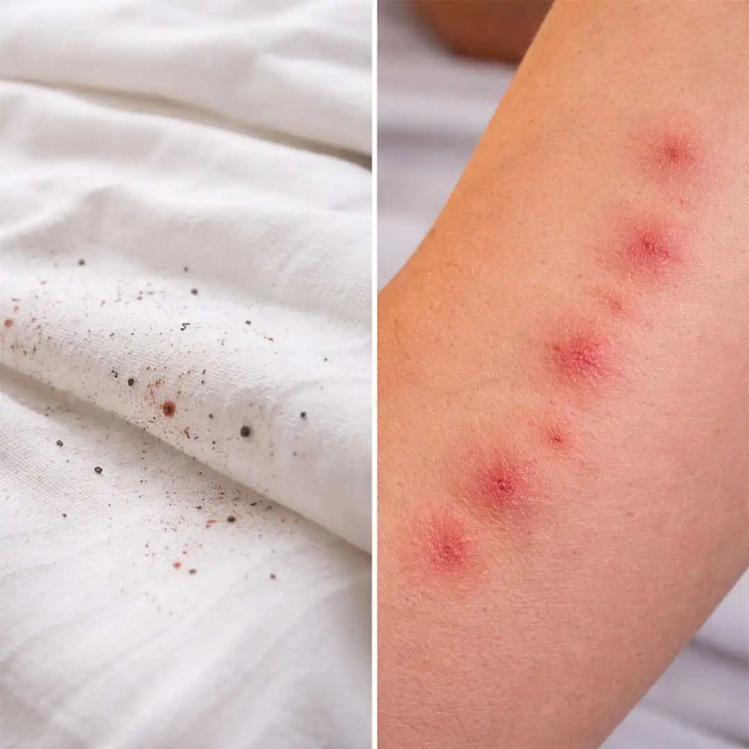 علامات وجود بق الفراش - بقع داكنة على الملاءة ولدغات حمراء متتابعة