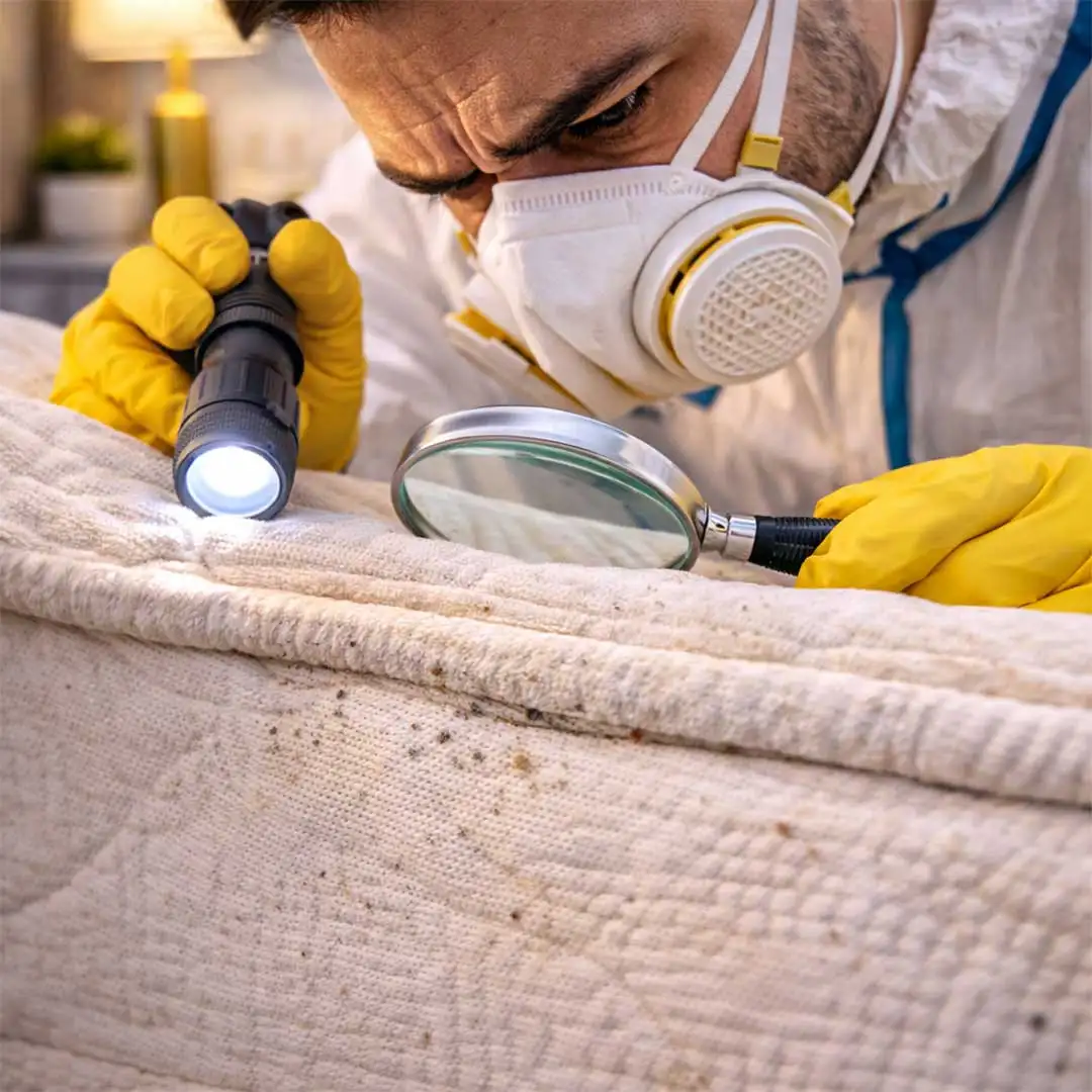 فني مكافحة حشرات محترف يرتدي معدات سلامة ويقوم بفحص دقيق لإطار السرير وحواف المرتبة