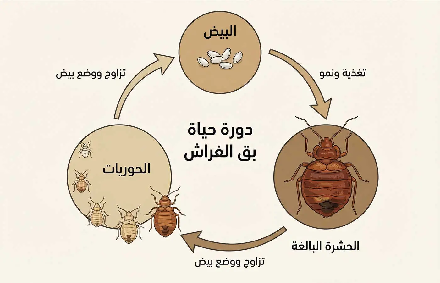 رسم توضيحي لدورة حياة بق الفراش