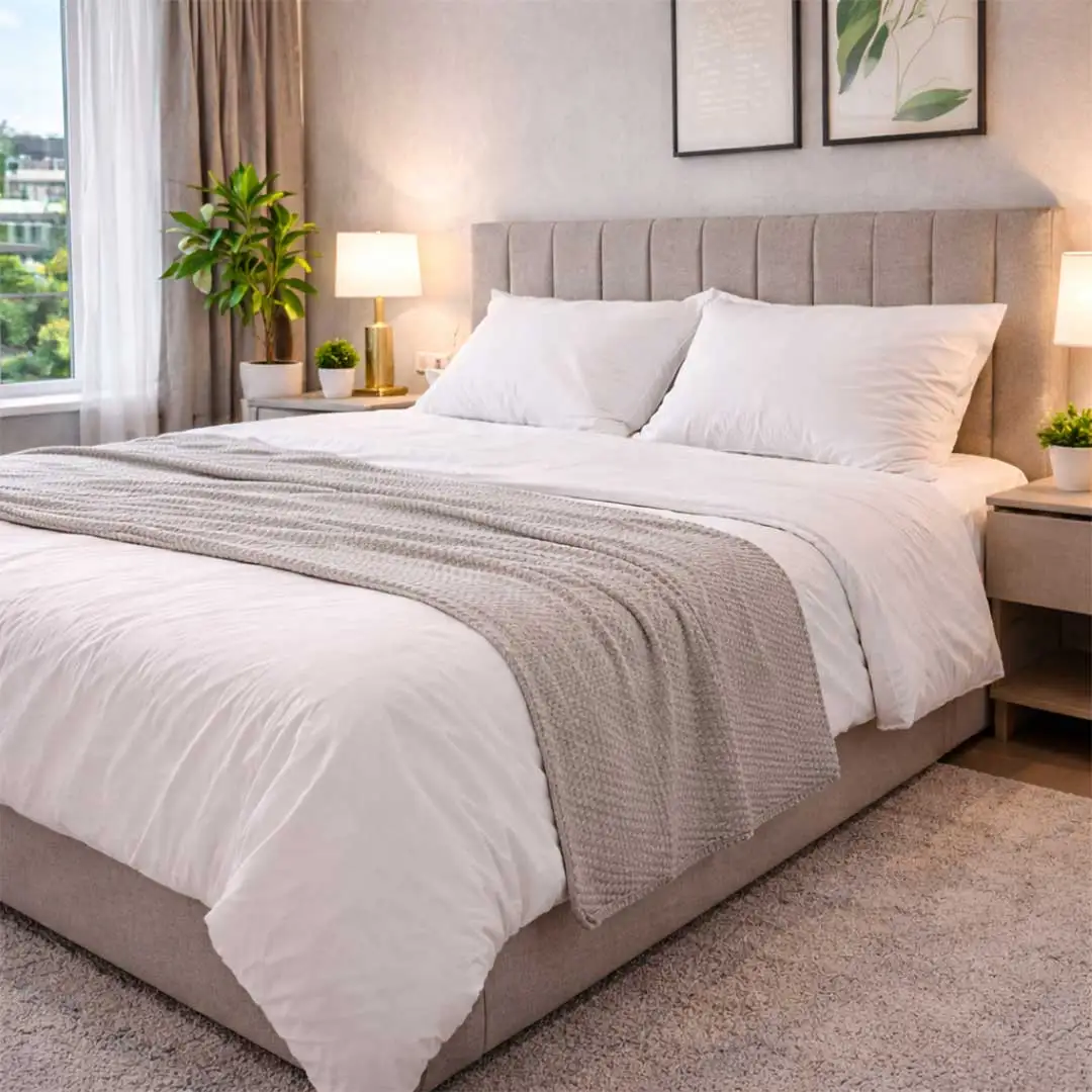 مشهد مشرق لغرفة نوم نظيفة ومريحة توحي بالهدوء والاحترافية بعد القضاء على البق