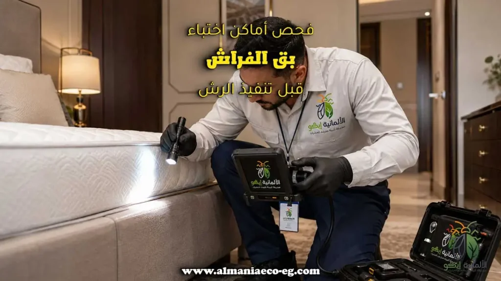 فني مكافحة بق الفراش يفحص خياطات المرتبة داخل غرفة نوم حديثة
