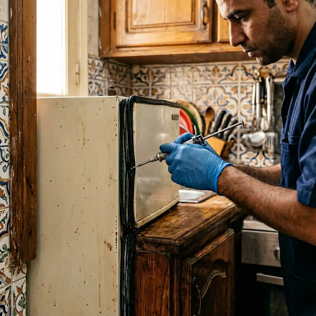 تطبيق حقن الجل الألماني لإبادة الصراصير في المطبخ بأمان.
