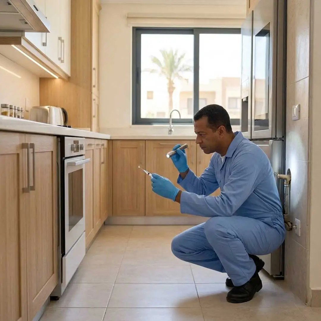 فني يفحص أماكن اختباء الصراصير خلف الأجهزة في مصر الجديدة