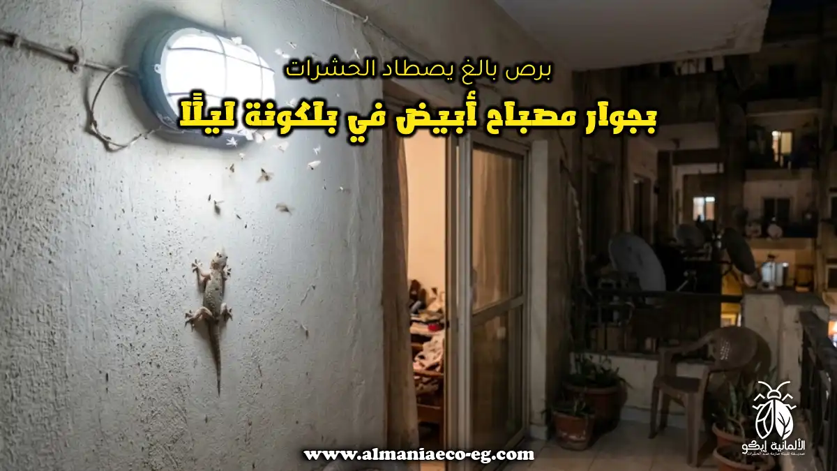 برص بالغ يصطاد الحشرات بجوار مصباح أبيض في بلكونة ليلًا