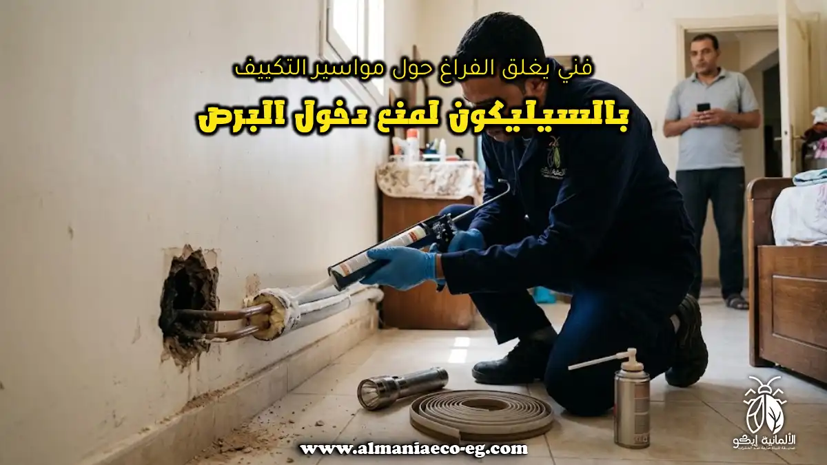 فني يغلق الفراغ حول مواسير التكييف بالسيليكون لمنع دخول البرص
